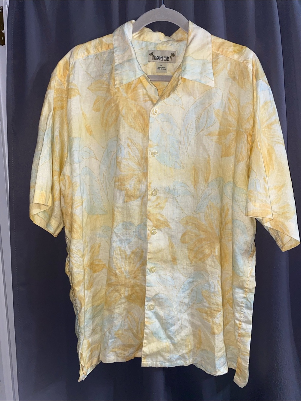 PARADISE COVES MENS XL Tropical Short Sleeve ButtonUp Shirt PaleYellow 100%LINEN